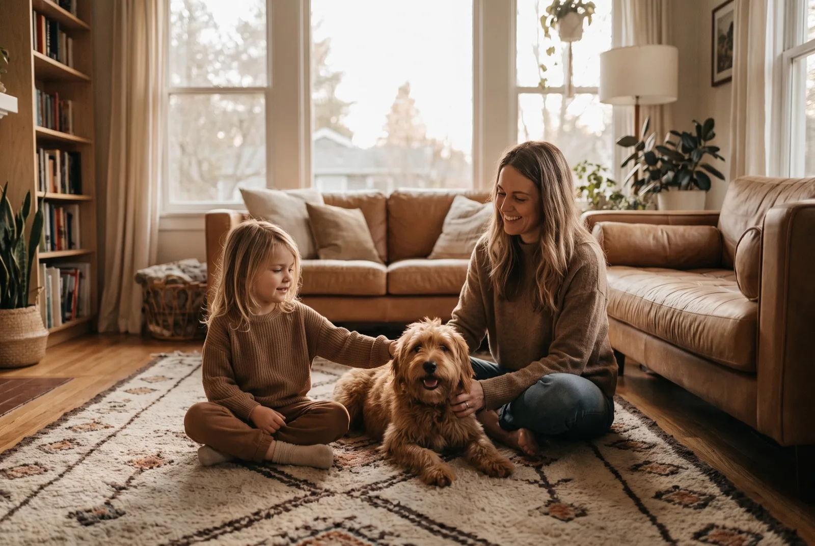 A parent and child petting their dog together at home
